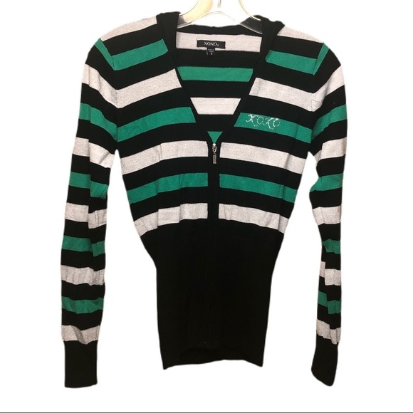 XOXO Green and White Glitter Striped Fitted Hoodie Y2K Vintage - Picture 1 of 3
